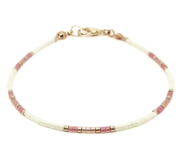 Dainty Cream, Pink & Rose Gold Seed Bead Bracelet For Her  6.5" - 8.5"