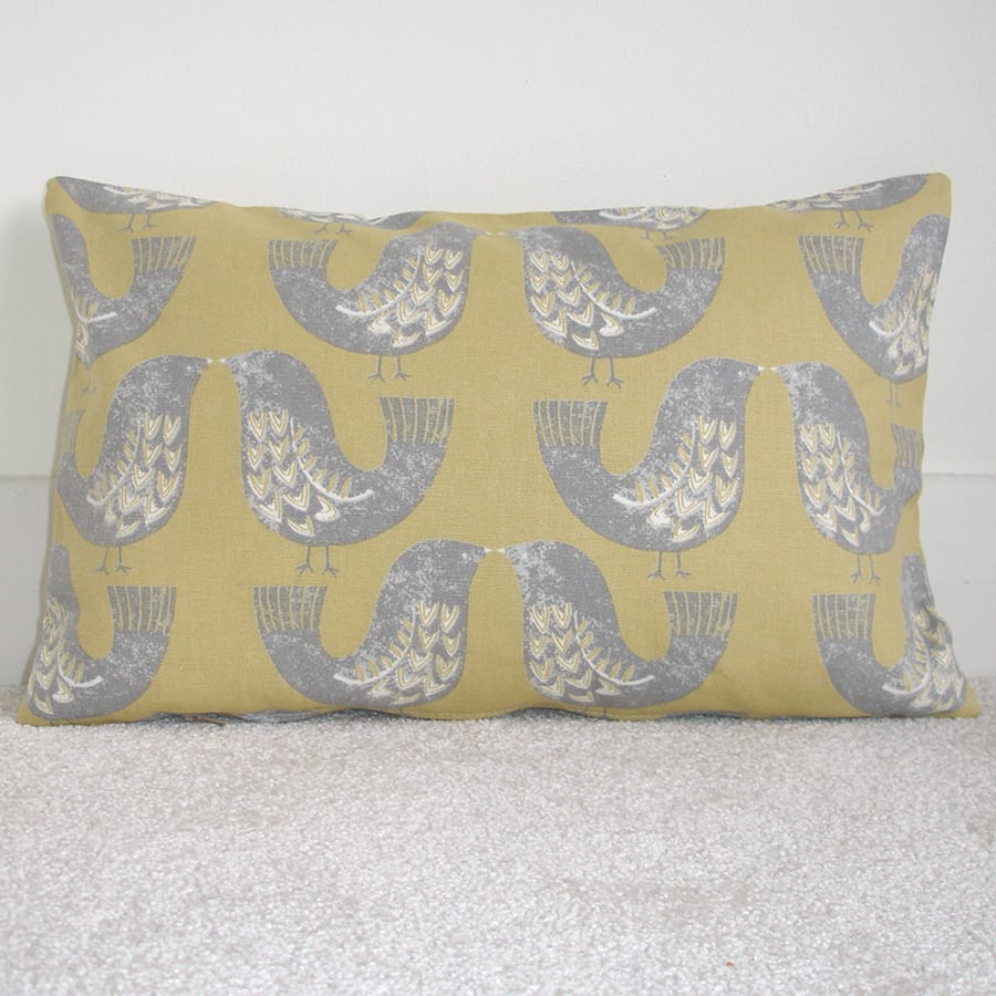 Tempur Travel Pillow Cover Birds 16"x10" 16x10 Yellow Ochre Grey Scandi