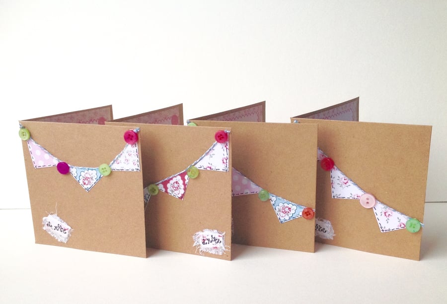 Notecards,Set of Four,Vintage Rose Bunting and Buttons,Handmade Notecards.