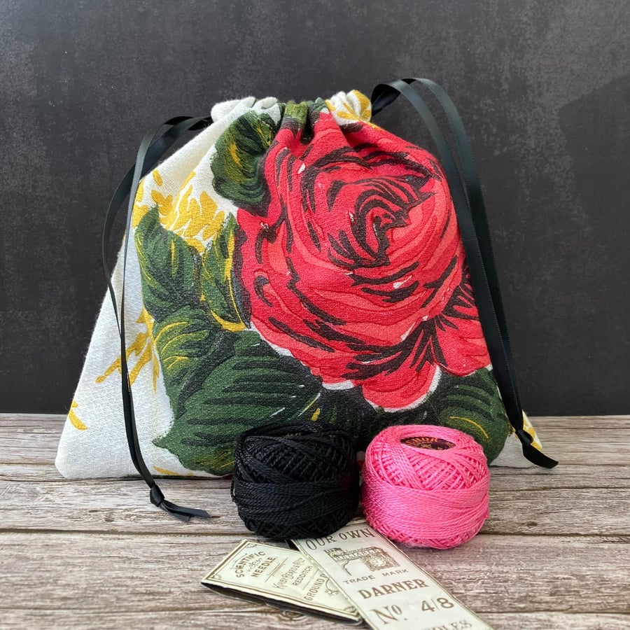 1950s Floral 'Carnations & Roses' Vintage Barkcloth Drawstring Bag, Black Ribbon