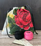 1950s Floral 'Carnations & Roses' Vintage Barkcloth Drawstring Bag, Black Ribbon