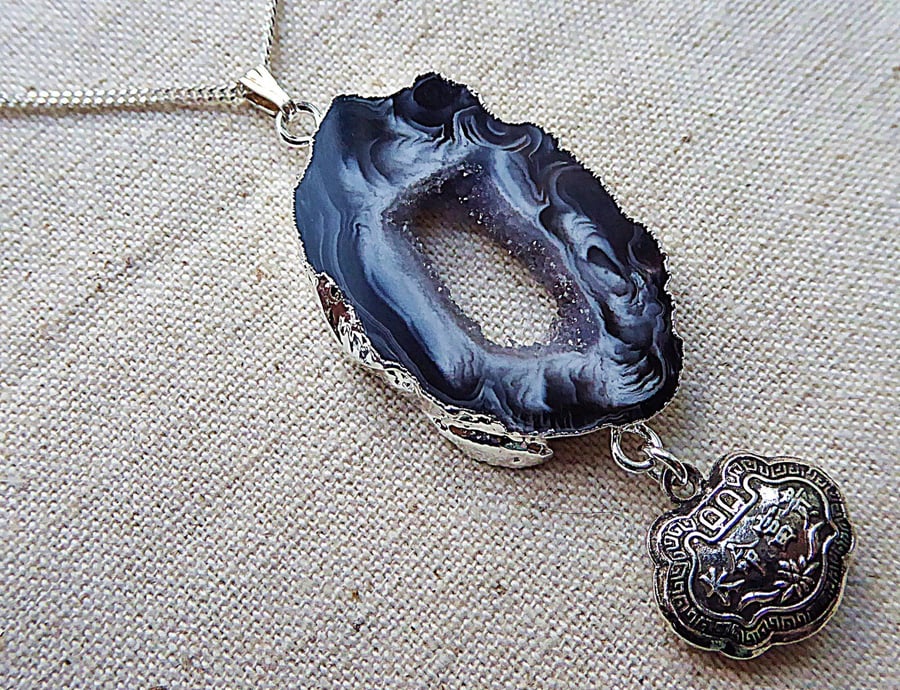 Drusy Agate Geode Necklace, Chinese Lock Charm, 925 Silver 16" Chain