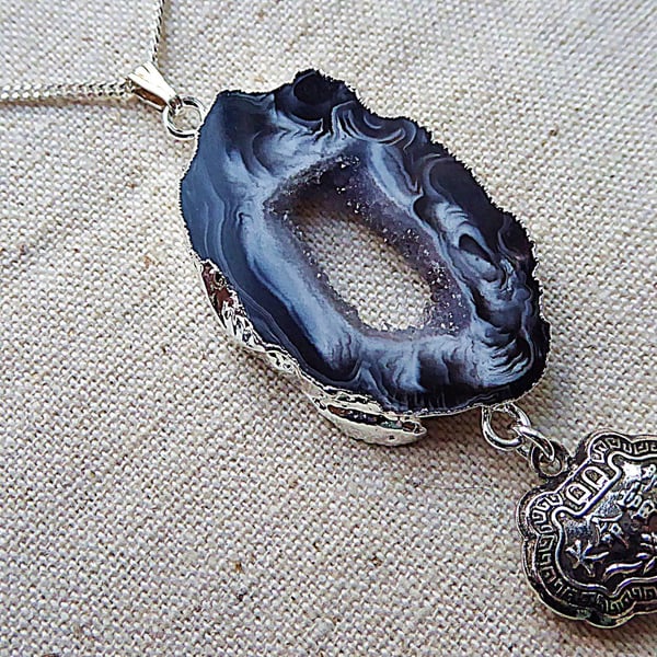 Drusy Agate Geode Necklace, Chinese Lock Charm, 925 Silver 16" Chain