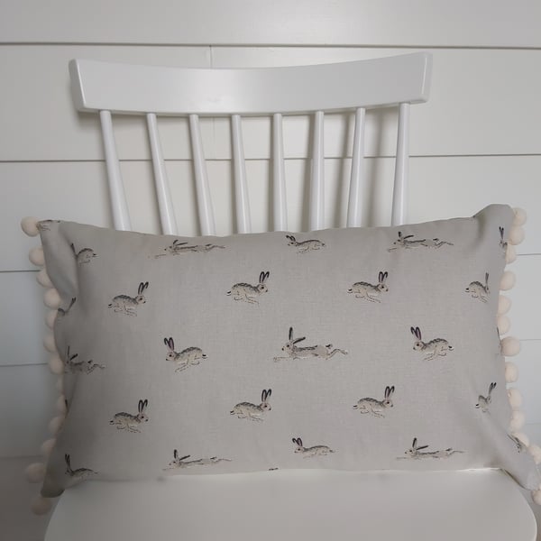 Sophie Allport Hares  Cushion with Cream Pom poms