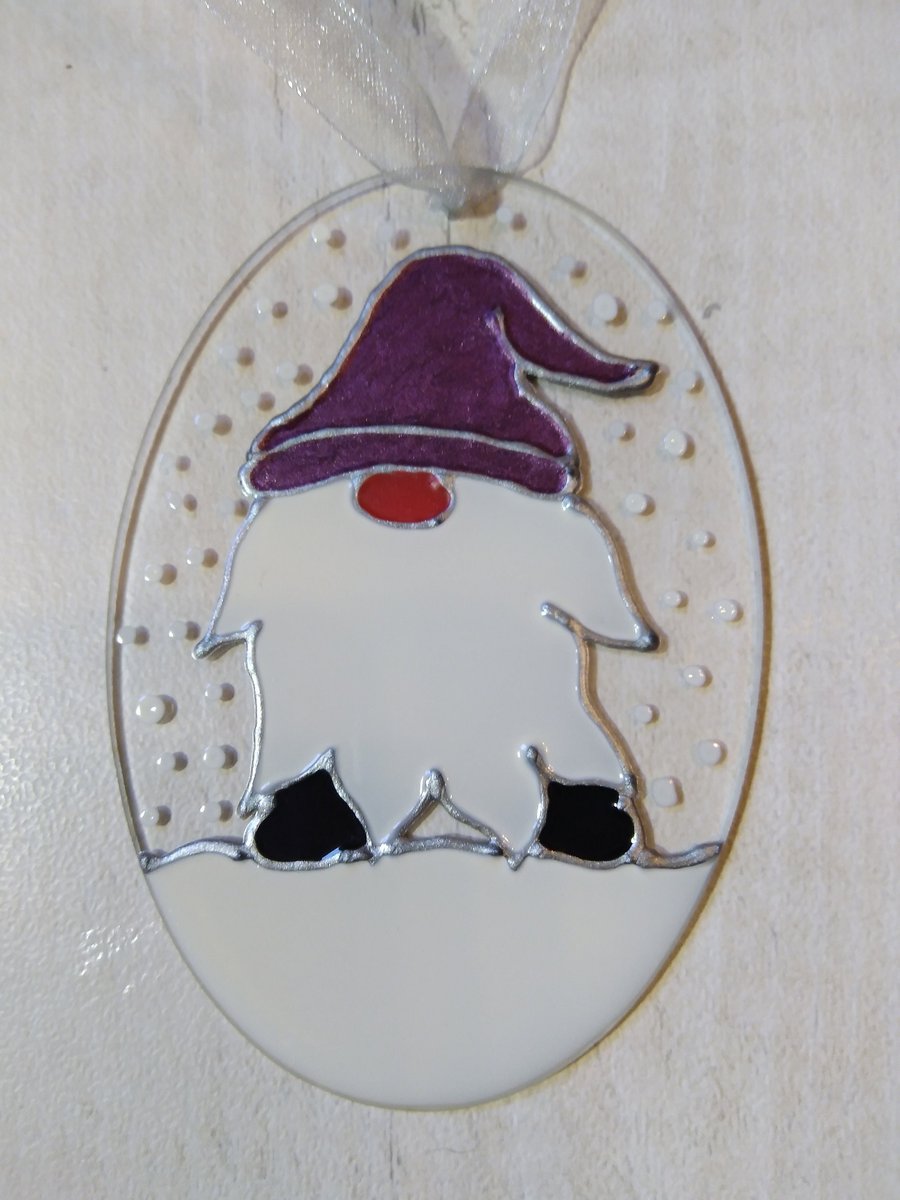 Cheeky Gnome suncatcher decoration purple. 'I'll be gnome for Christmas'.