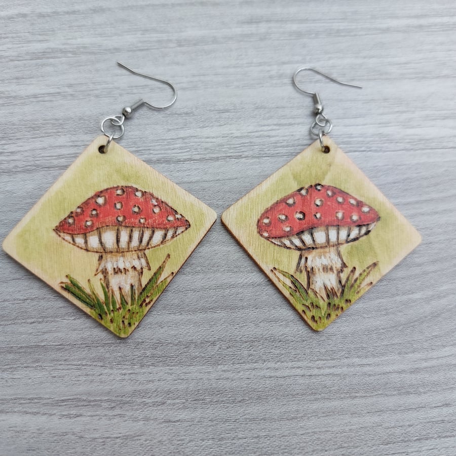 Fly Agaric Toadstool Wood Earrings. Gift for Fungi Lovers.