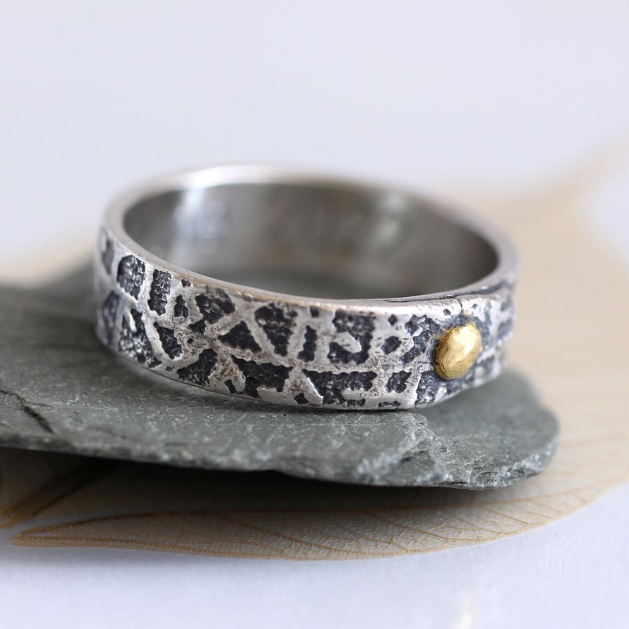 Silver Rune Ring Band With Gold Rivet
