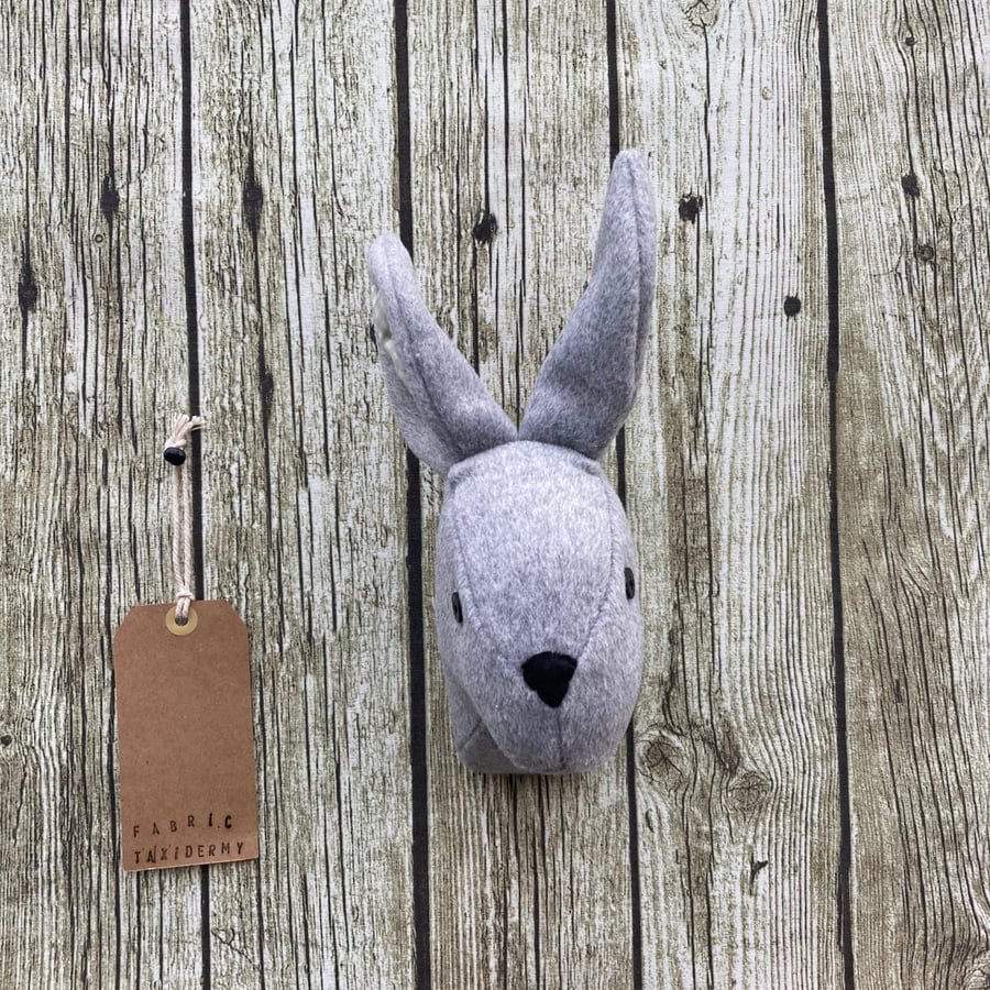 Wall mounted Rabbit head - Grey with green checked ears.