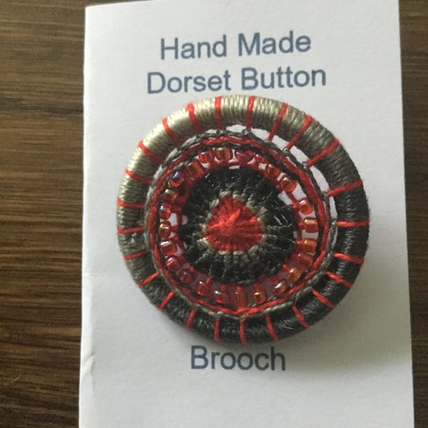 Beaded Dorset Button Brooch, Greys and Red, B16