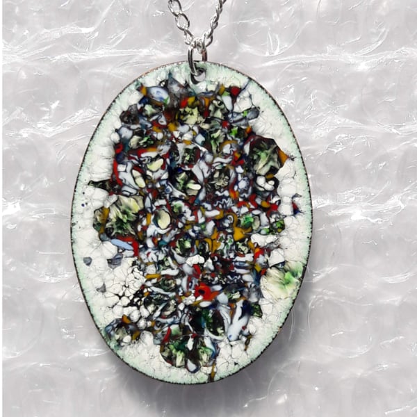 large oval pendant - multicoloured enamel chip over white enamel