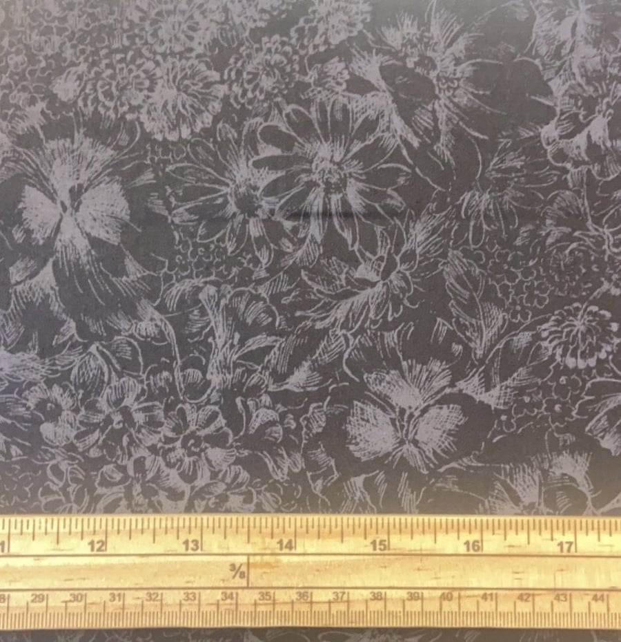 Fat Quarter Natures Harmony Grey Floral On Black 100% Cotton Quilting Fabric