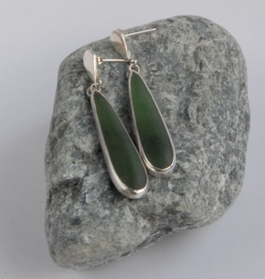 New Zealand Green Jade and silver drop stud earrings - matt finish