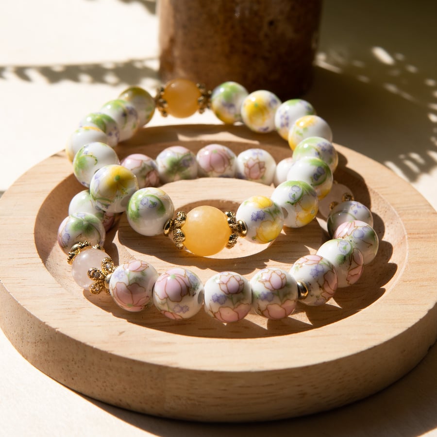 Rose Quartz and Honey Jade Porcelain Ceramic Floral Bracelet