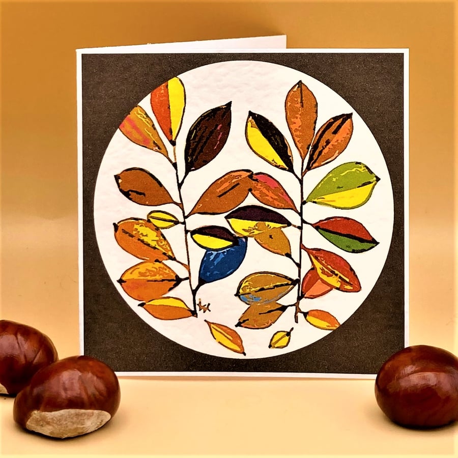 Colourful Houseplant Blank Greetings Card, russet colour, modern floral design.