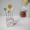 Clay Sunflower and Button Flowers in a Painted Wood Block 'happy garden'