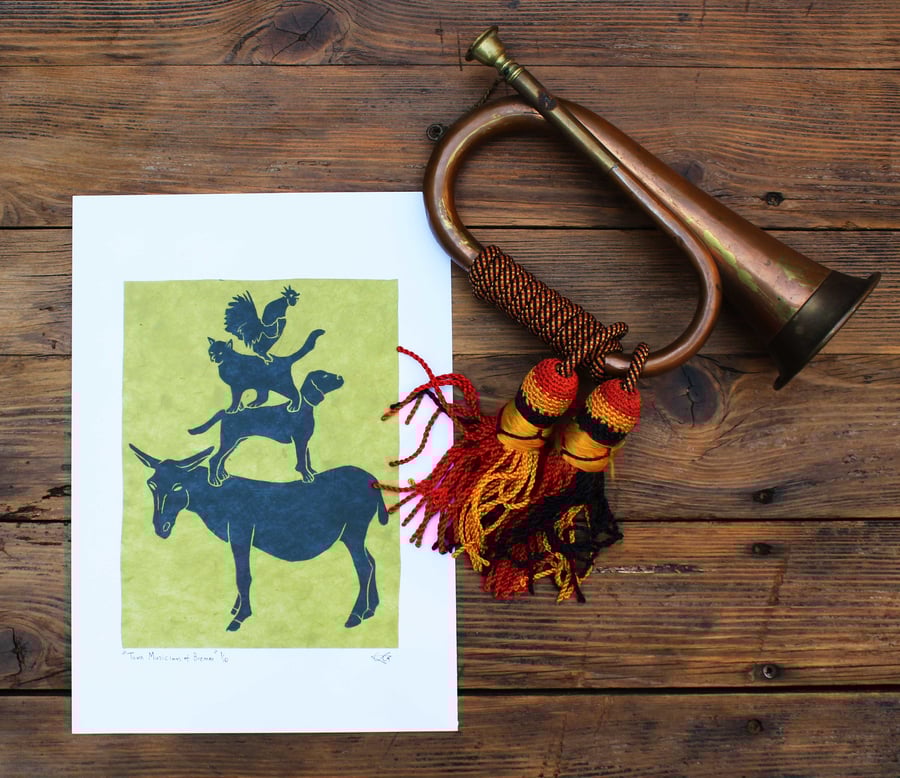 The town Musicians of Bremen A4 Lino Print