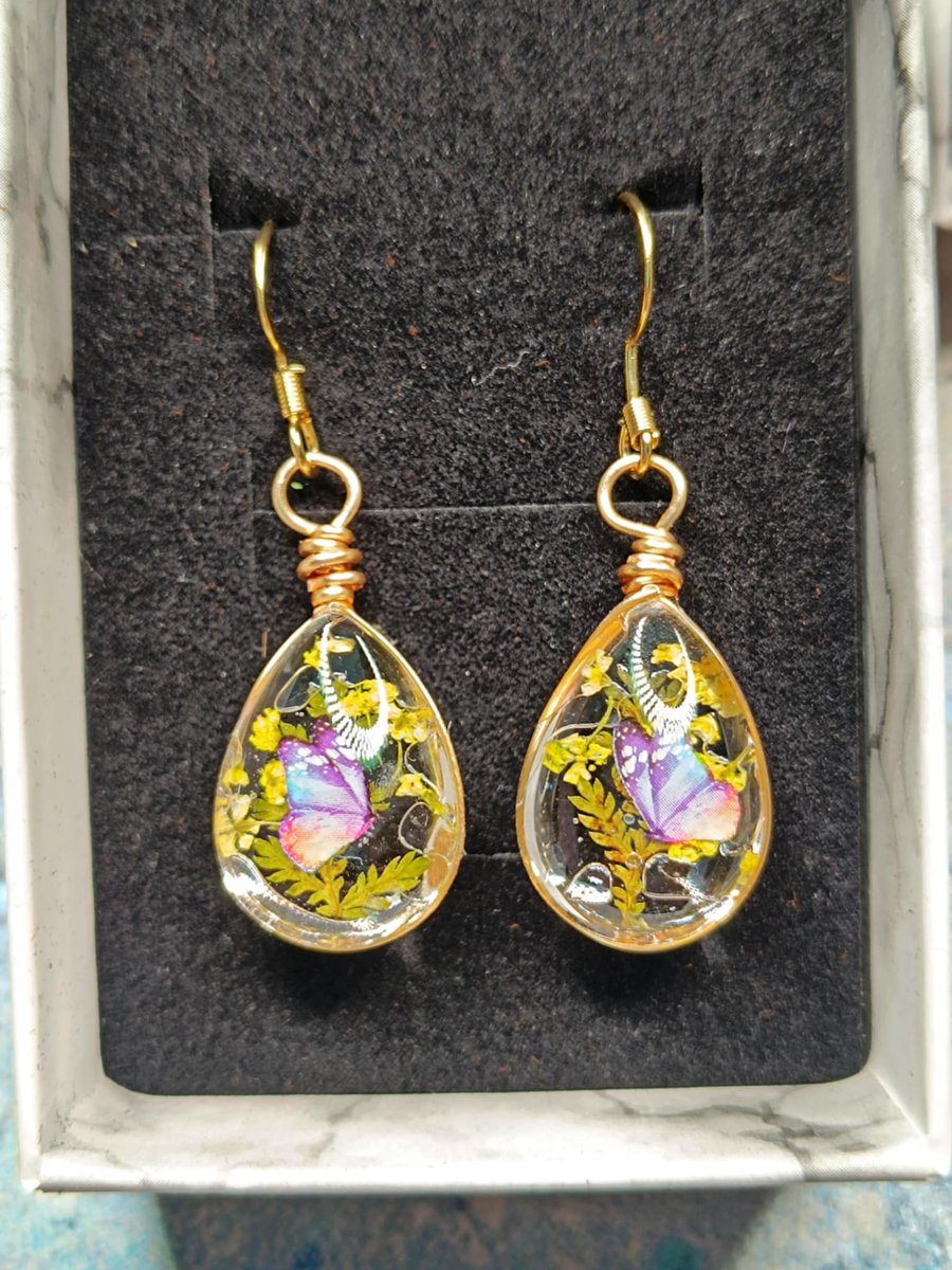 Yellow Pressed Flower Teardrop Earrings