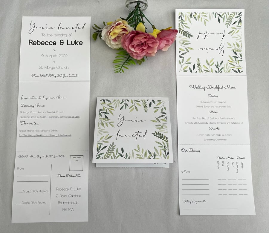 Tri-Fold Wedding Invitation with RSVP Folded Wedding Invitation Perforated Botan