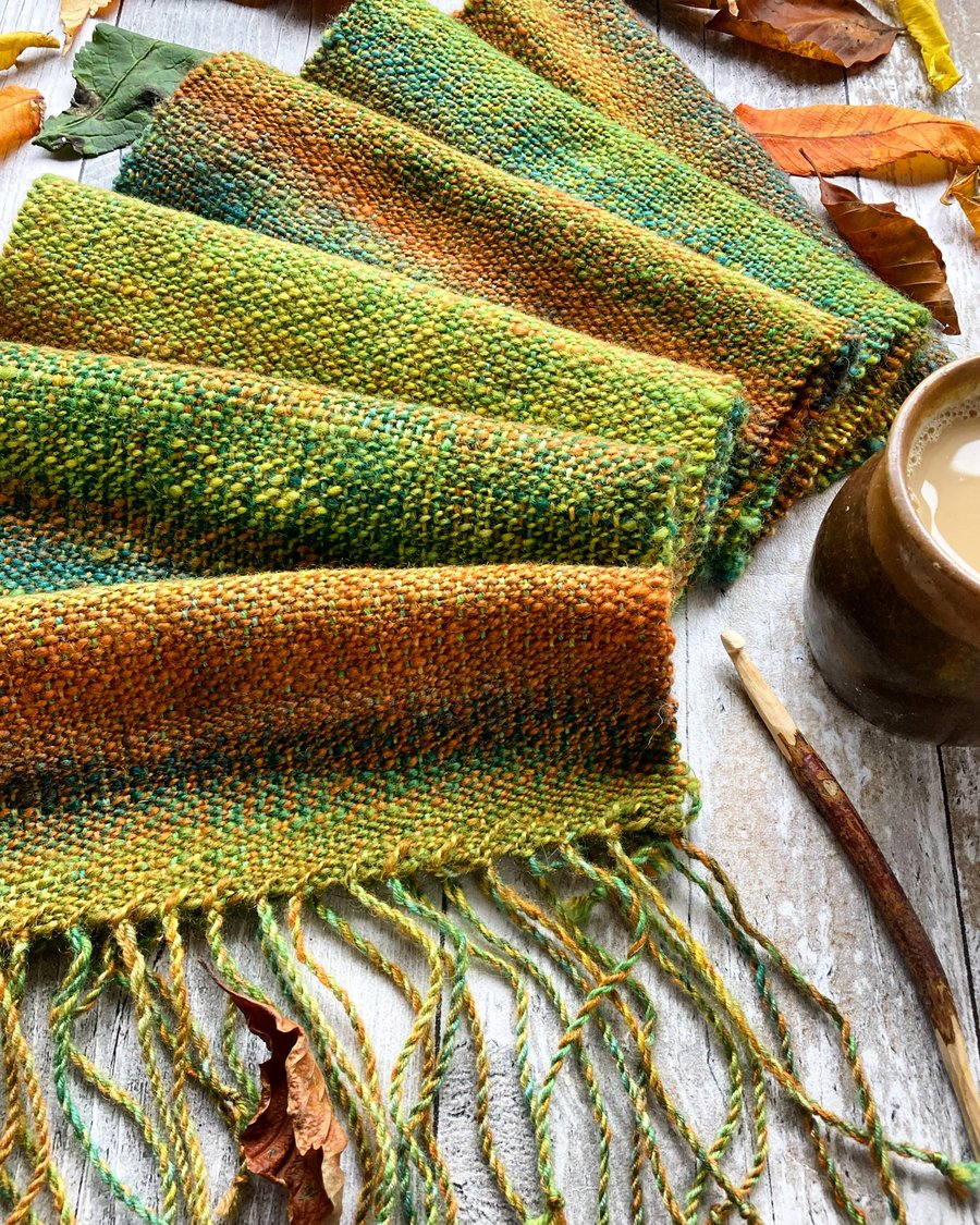 Hand dyed, spun and woven scarf Autumn feels like....