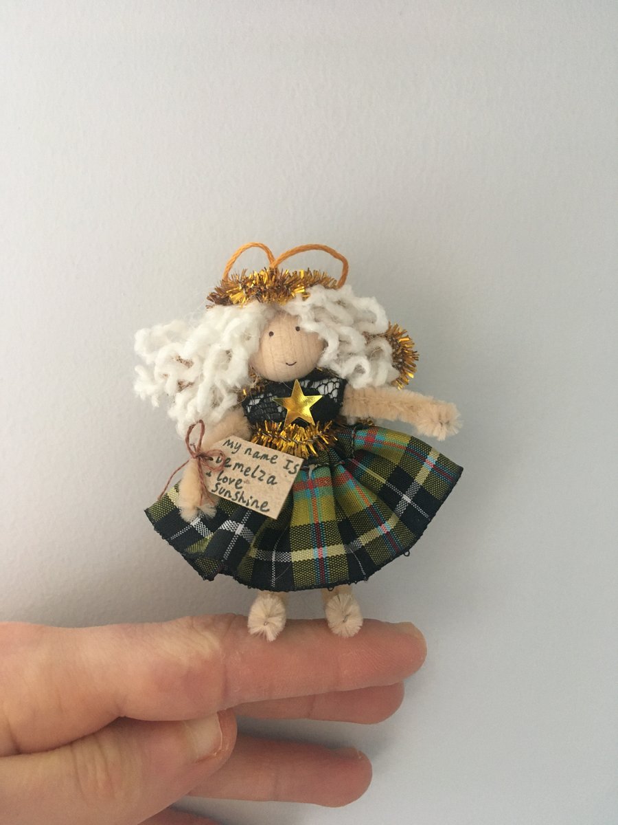 Tiny Cornish Tartan, Curly Hair Fairy Doll Decoration 