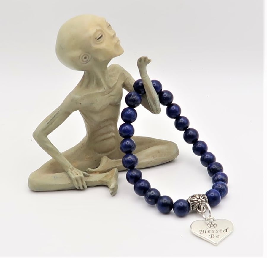Dark Blue Genuine Lapis Lazuli and Blessing Charm  Elasticated Bracelet.