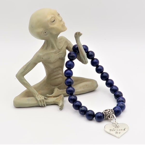 Dark Blue Genuine Lapis Lazuli and Blessing Charm  Elasticated Bracelet.