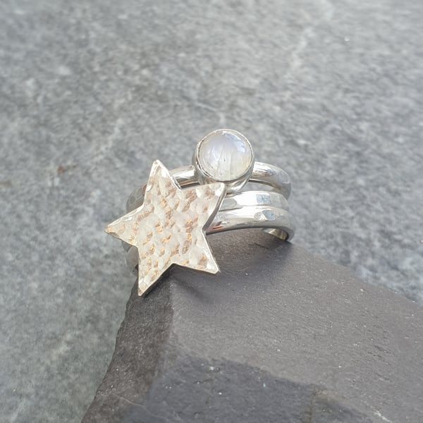 Moonstone Stacking Ring Set, Silver Star Ring, June Birthstone Ring