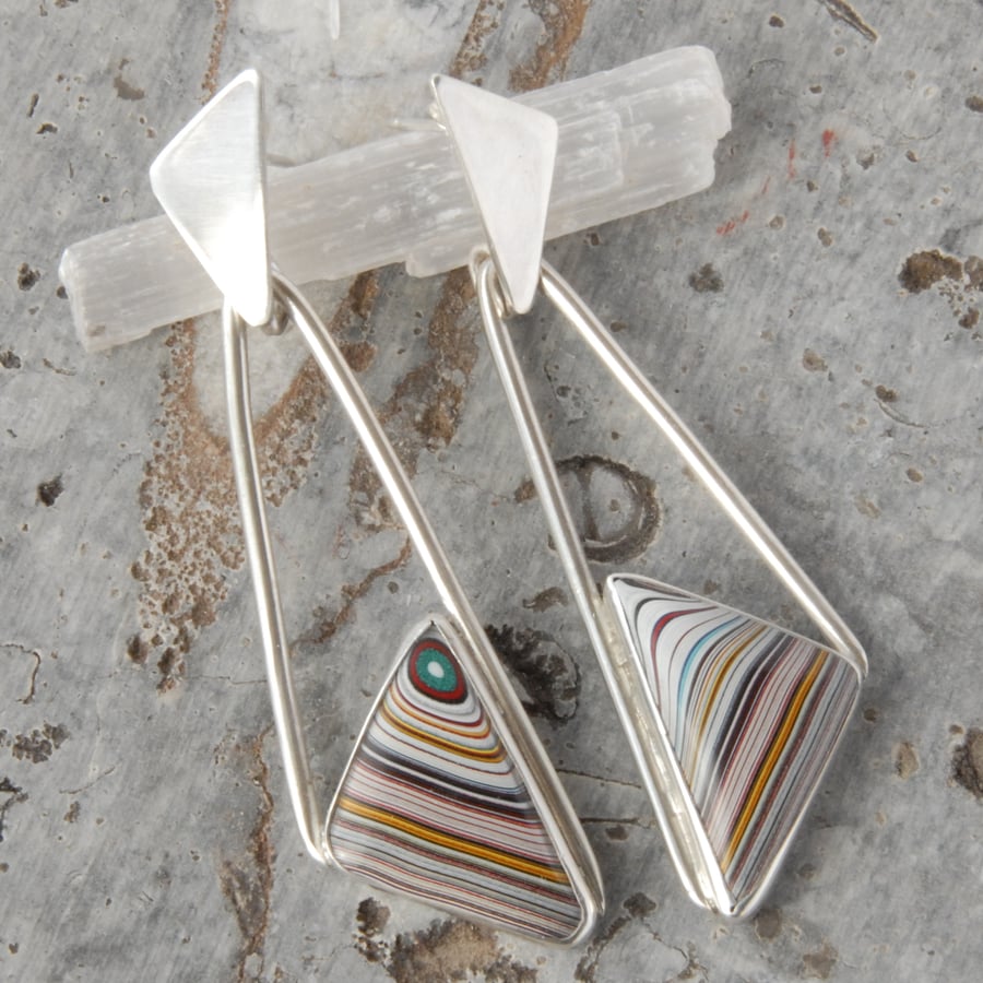 Geometric fordite and sterling silver drop earrings