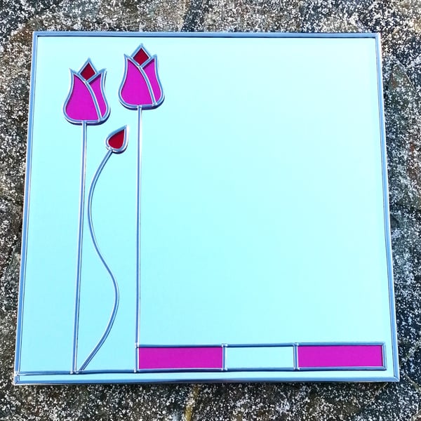 Tulip Love is a stained glass wall mirror 30cm square hand leaded art nouveau 