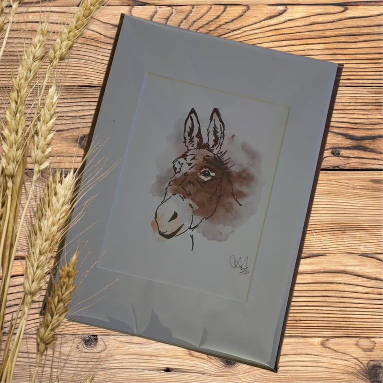 Farm animal Wall Art  Ink & Watercolour Animal Illustrations, donkey
