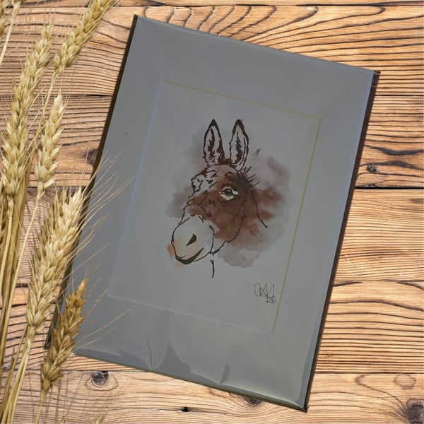 Farm animal Wall Art  Ink & Watercolour Animal Illustrations, donkey