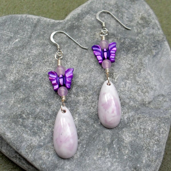  Handmade Lilac Resin Beads With Purple Shell Butterfly Earrings