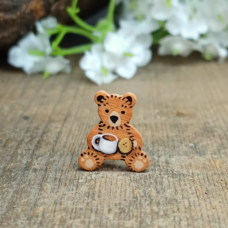 Coffee Bear Pin, Handmade Tiny Wooden Teddy Badge, Coffee Lover Gift