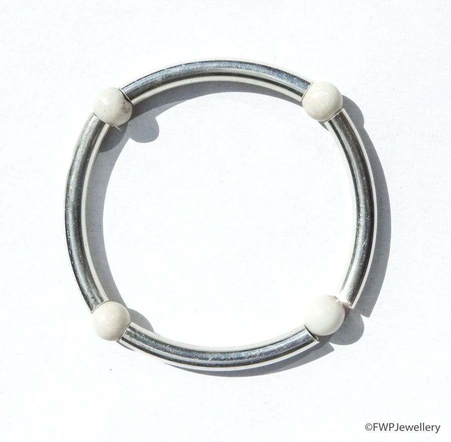 Silver Tube Bracelet with four Bone Beads