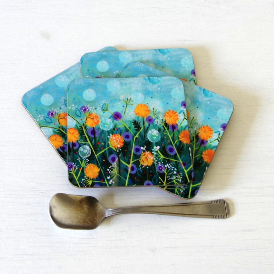 Art Floral Coasters set of 4, Blue Gloss Coasters, Artist Painting Coasters