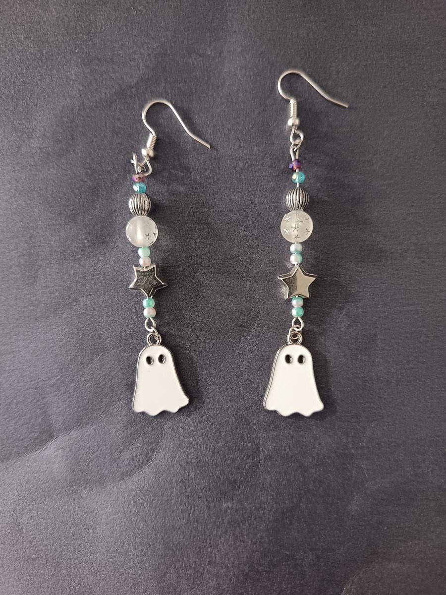 Beaded ghost charm dangle earrings with stars