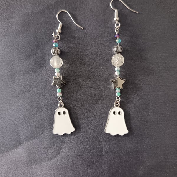 Beaded ghost charm dangle earrings with stars