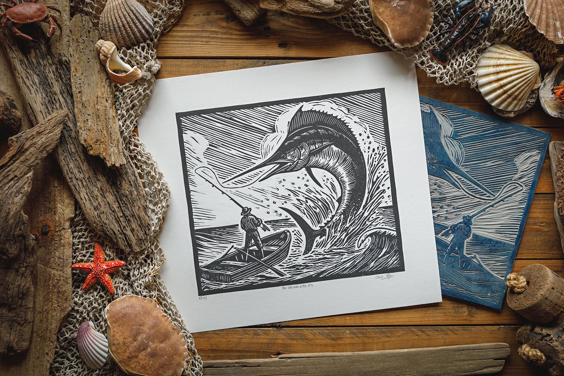 The Old Man & The Sea - original linocut print - 14x14"