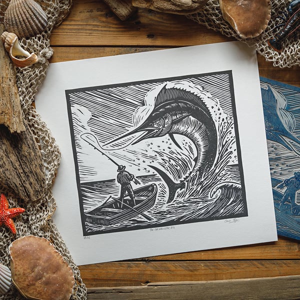 The Old Man & The Sea - original linocut print - 14x14"