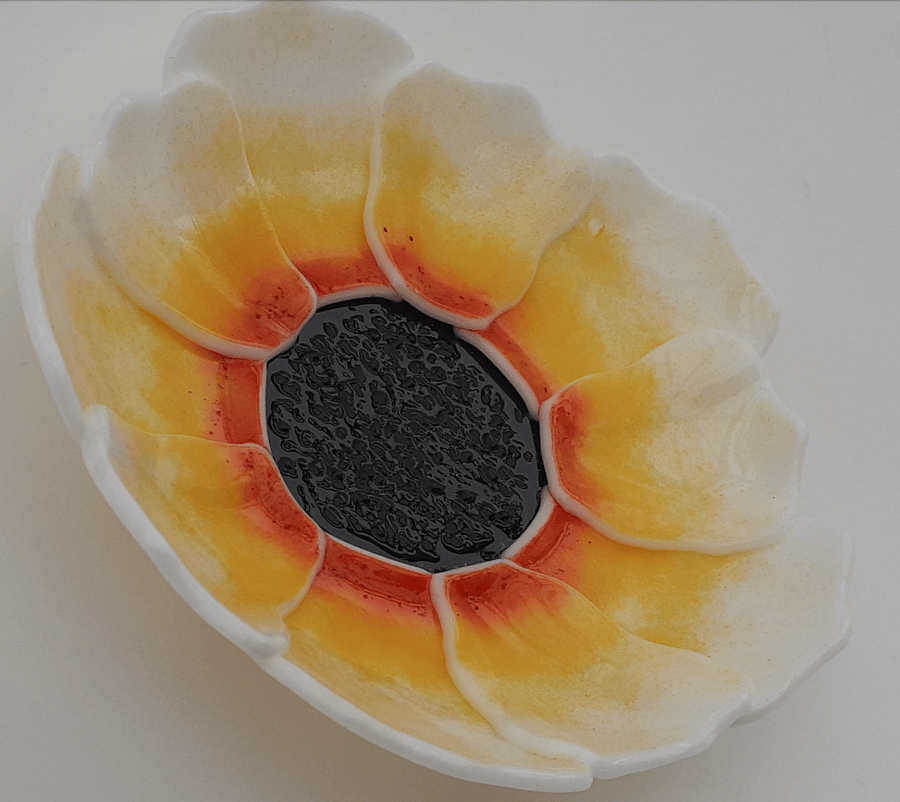 Fused glass flower dish, white with yellow and orange 