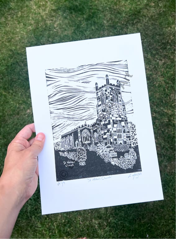 St Helen's Church, Limited Edition Lino Print in Black (A4)