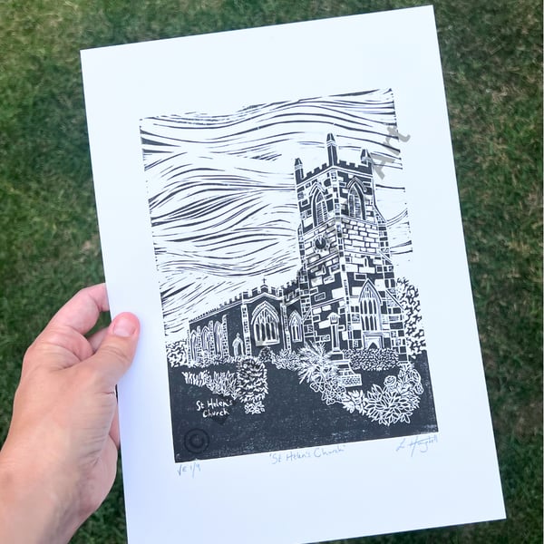 St Helen's Church, Limited Edition Lino Print in Black (A4)