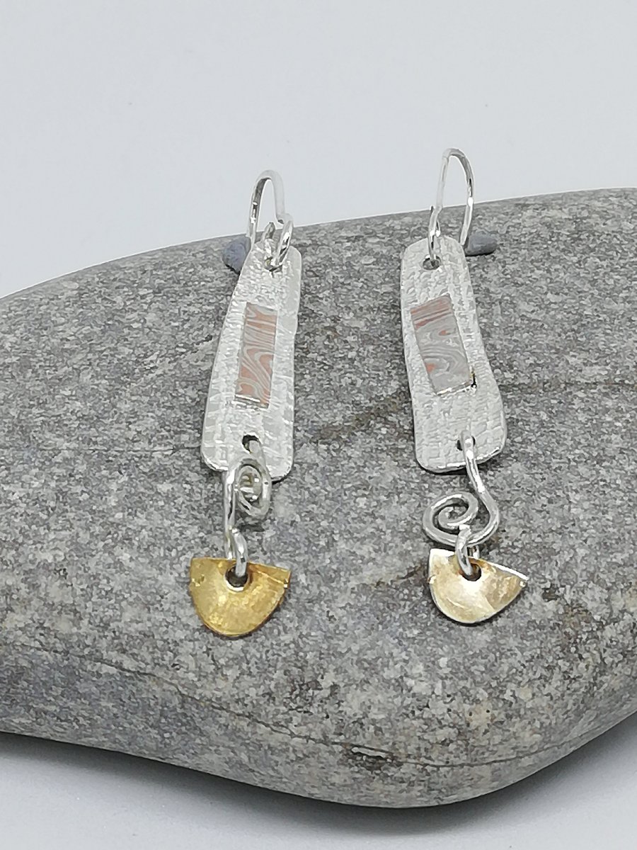 Sterling Silver and Gold Drop Earrings with Mokumo Game Applique 