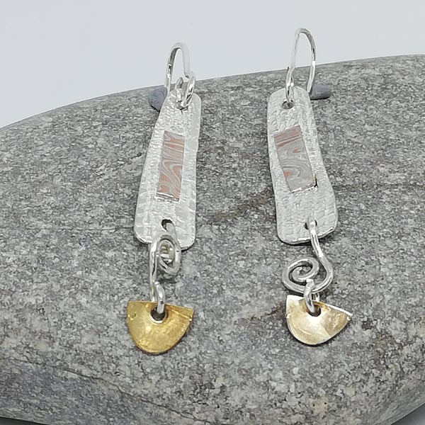 Sterling Silver and Gold Drop Earrings with Mokumo Game Applique 