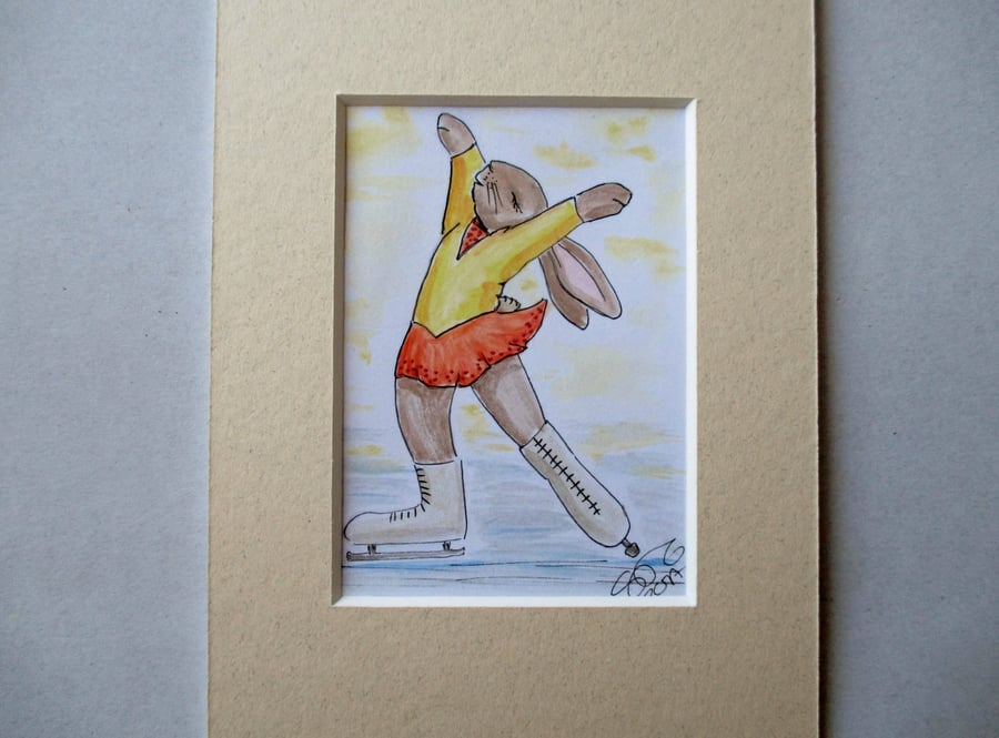 Ice Skater Skating Bunny Rabbit Dancer Dancing ACEO original painting in mount