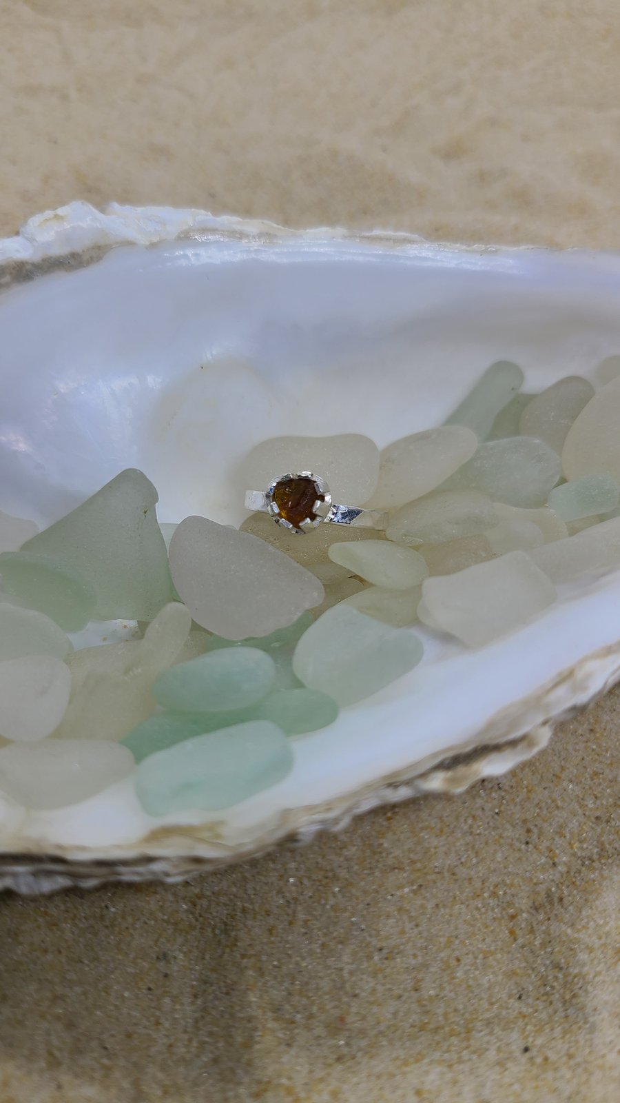 Amber sea glass and silver ring SG22