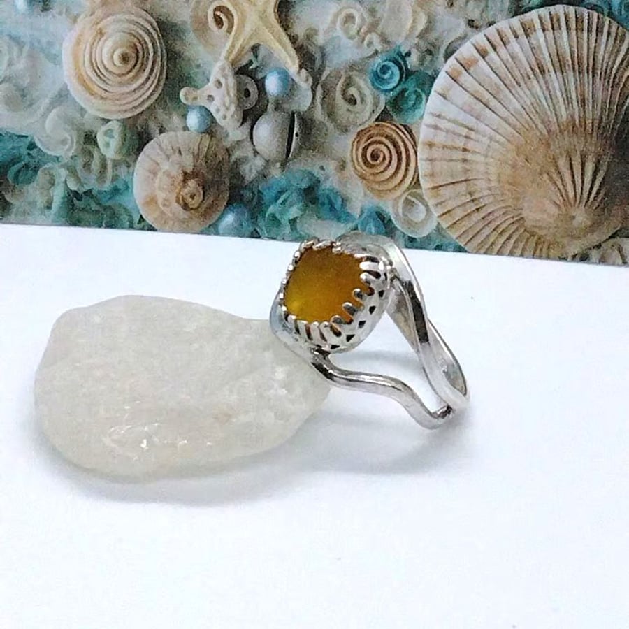 Rare yellow Seaham Sea glass wave ring sterling .925