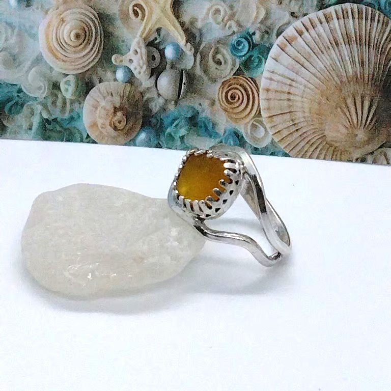 Rare yellow Seaham Sea glass wave ring sterling .925