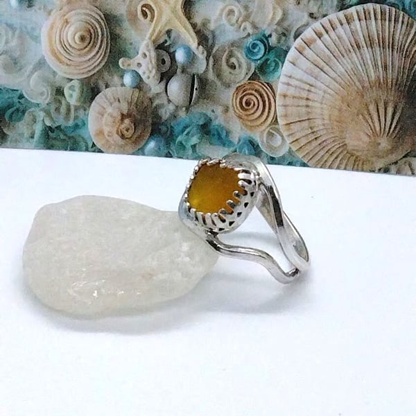 Rare yellow Seaham Sea glass wave ring sterling .925