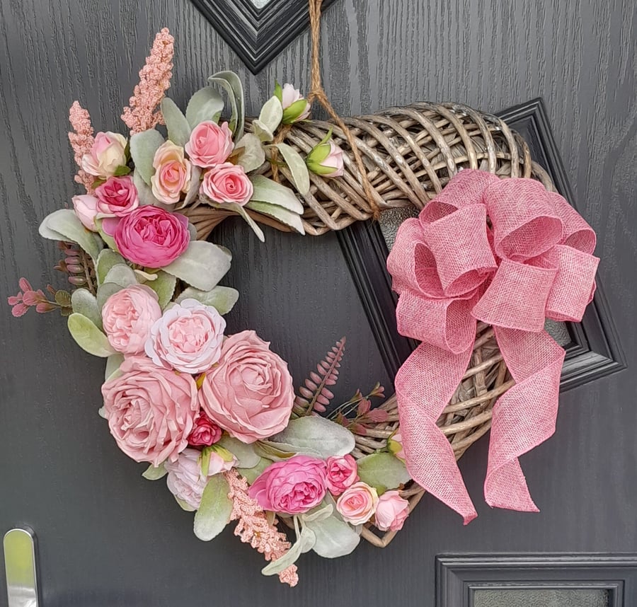 Pink Floral heart wreath, door wreath, home decor, grey wicker heart, wall hang